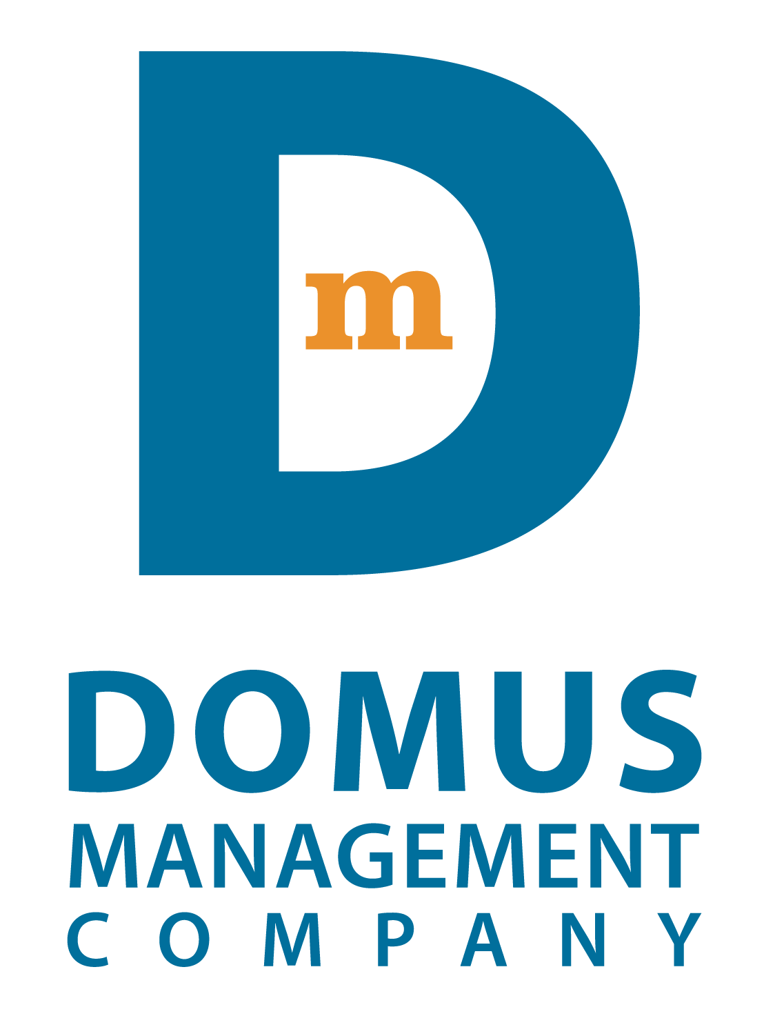 A blue and green logo with the letter D and the words Domus Management Company.